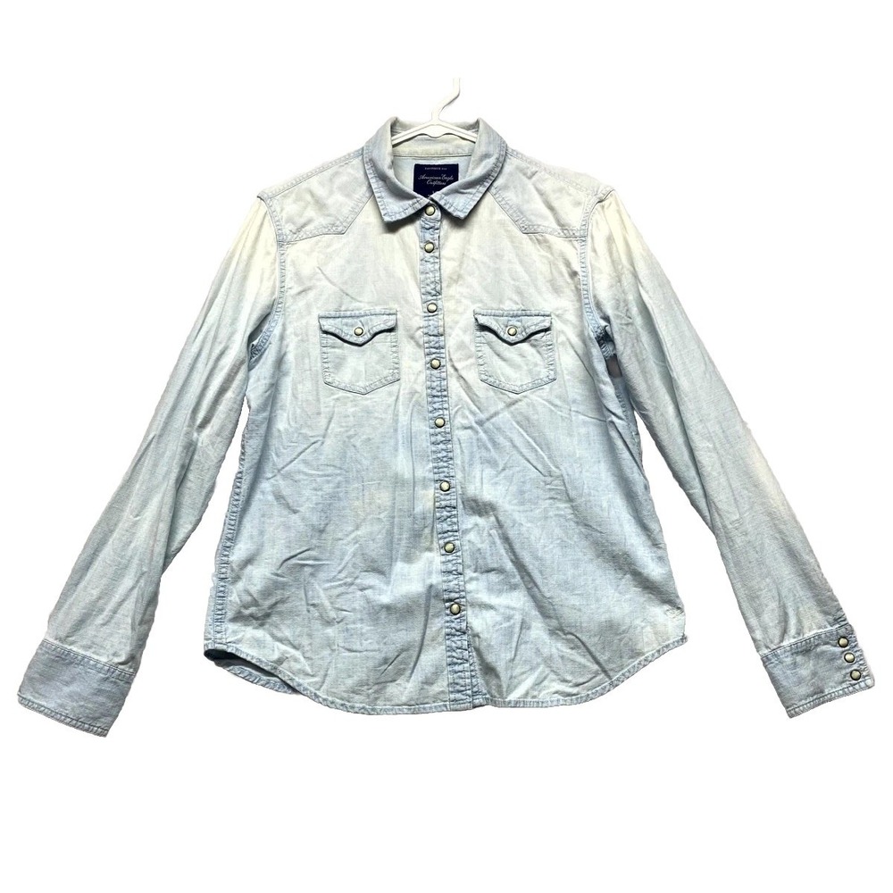 American Eagle Outfitters Western Shirt Womens Large Blue Pearl Snap Peaked Yoke